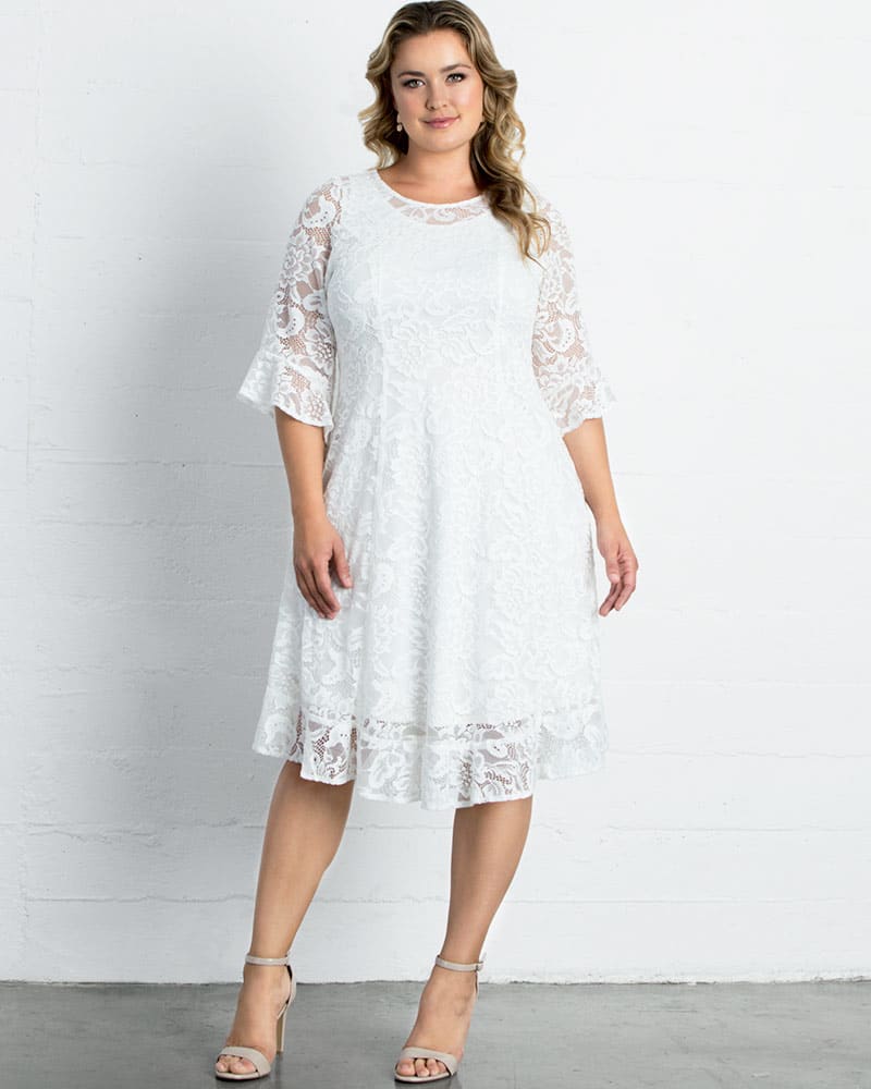 Front of a model wearing a size 0X Livi Lace Midi Dress in PEARL by Kiyonna. | dia_product_style_image_id:227616